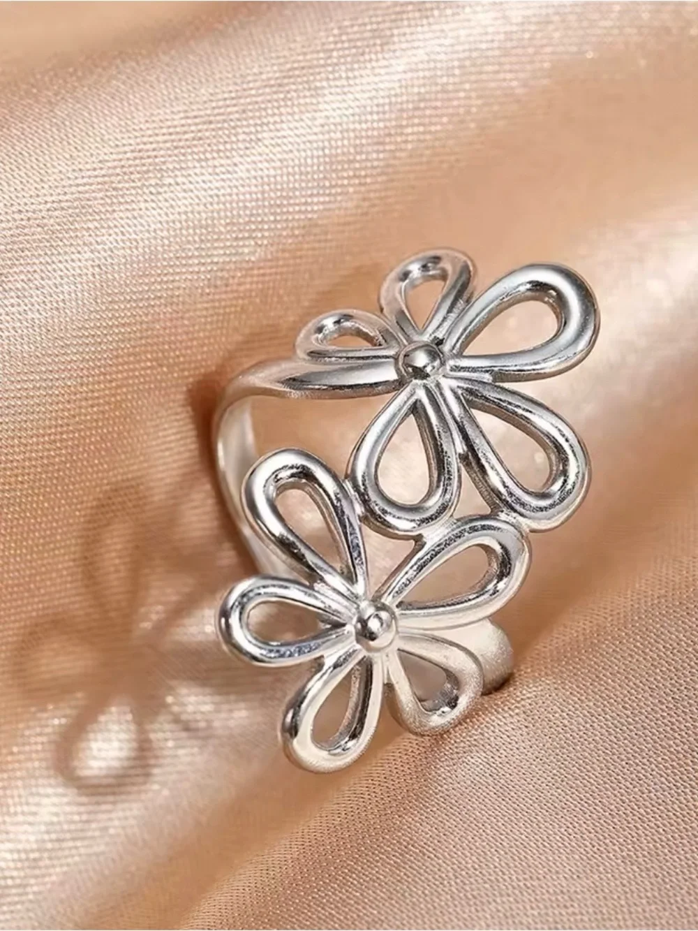 Gold Floral Double-Flower Openwork Ring - Women Jewelry